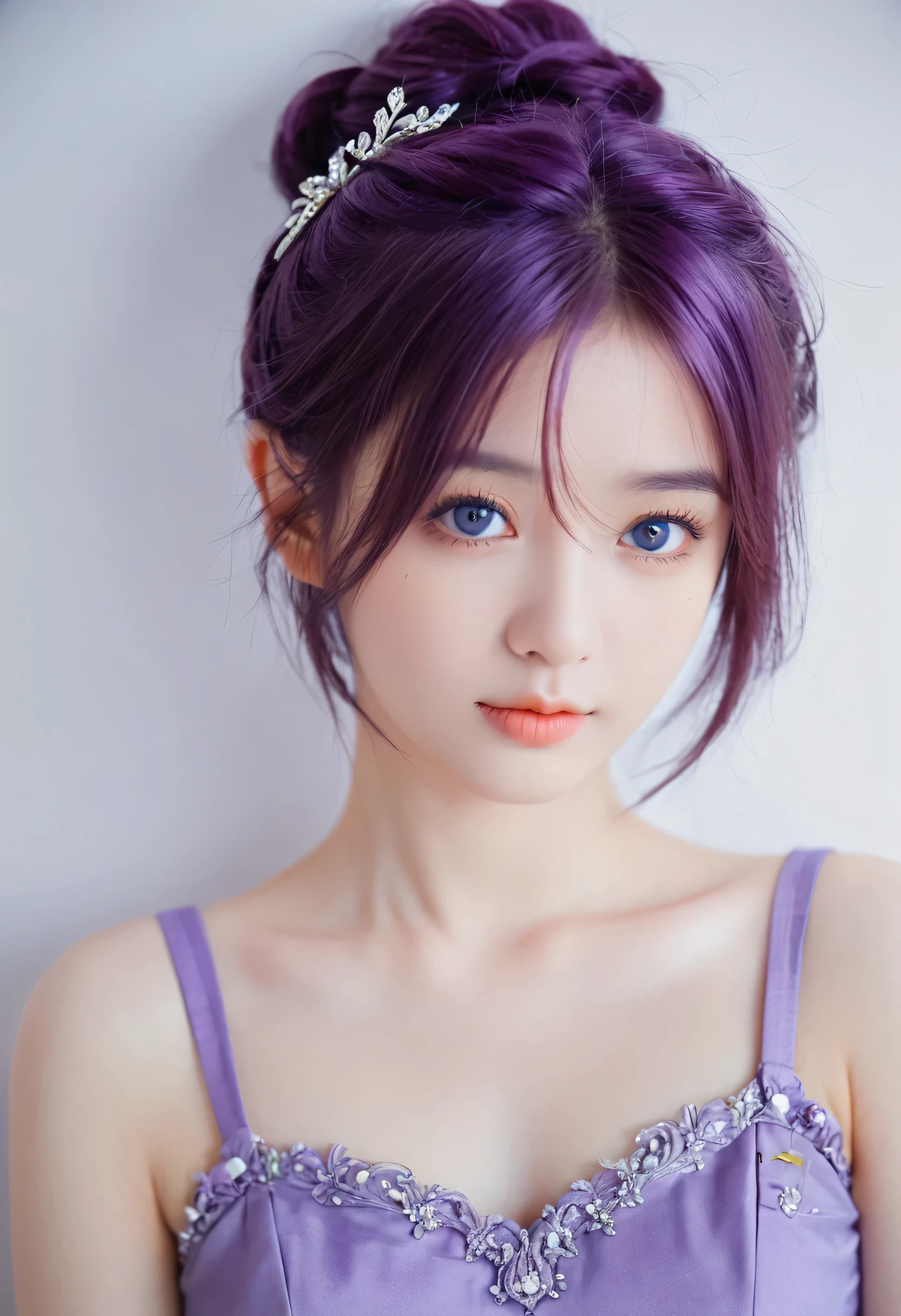 best quality, high quality, A cute girl, Solitary, Beautiful purple hair, Beautiful purple eyes, A faint smile,