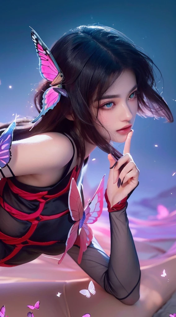 a close up of a woman with a butterfly on her head, beautiful detailed eyes, beautiful detailed lips, extremely detailed face, long eyelashes, elegant woman, butterfly perched on head, intricate butterfly details, ethereal, dreamy, magical realism, vibrant colors, cinematic lighting, dramatic shadows, high contrast, photorealistic, 8k, best quality, masterpiece