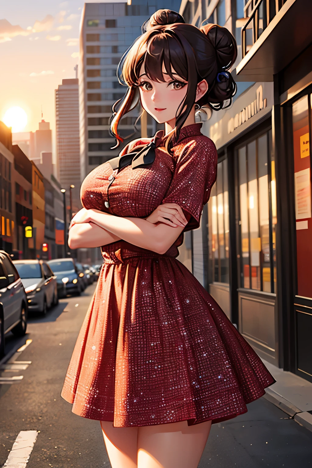 In a bustling cityscape under the soft glow of sunset, Maggie, an exquisitely detailed 8K digital art masterpiece, stands out with her vibrant presence. With her curly brown hair cascading down, she ties it up in a loose bun, revealing her delicate features and a pair of sparkling hazel eyes that radiate enthusiasm. The sun's rays cast beautiful shadows on her face, creating a stunning contrast against her youthful round cheeks.

She wears an eclectic outfit that perfectly mirrors her lively personality: a vibrant dress adorned with intricate patterns, a red blush accentuating her shinny skin. Her hands are beautiful,