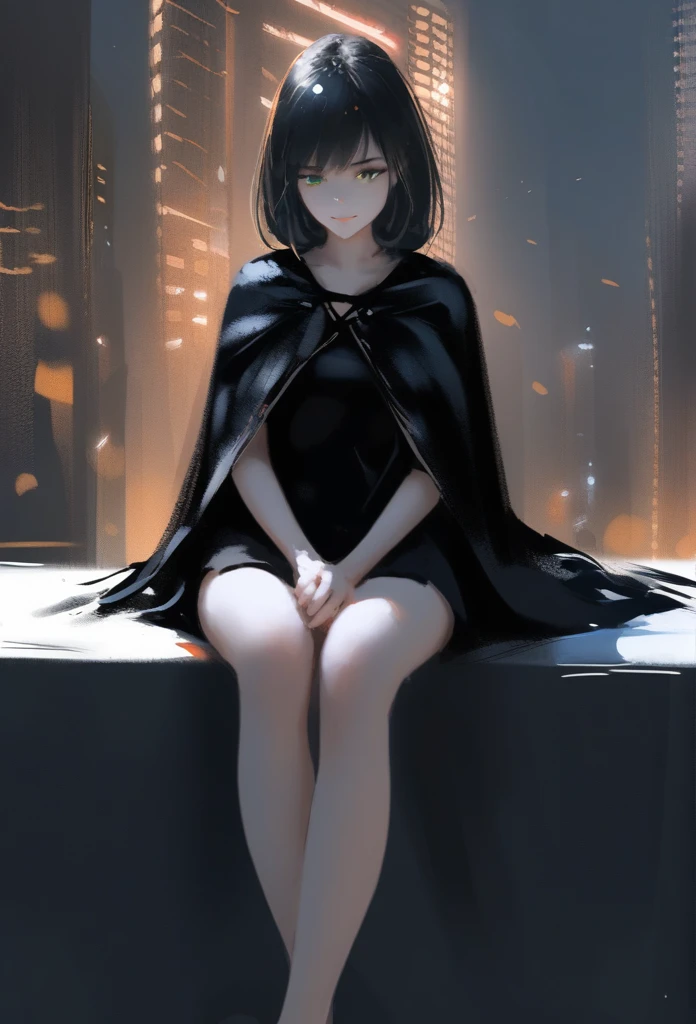 1girl, solo, wlop,
Long black hair, pale skin, green eyes, black cloak, subductive smile
Background; sitting crossed legged on a ledge, nighttime
Masterpiece, best quality 