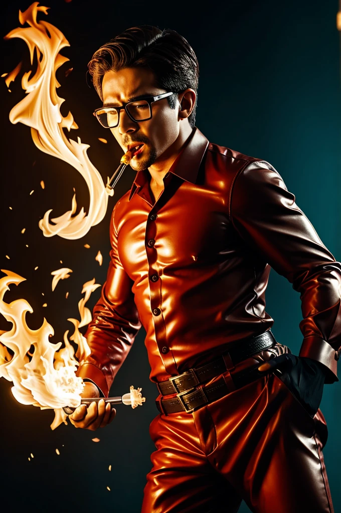 A candy gummy ( man ) with glasses breathing fire all over his body