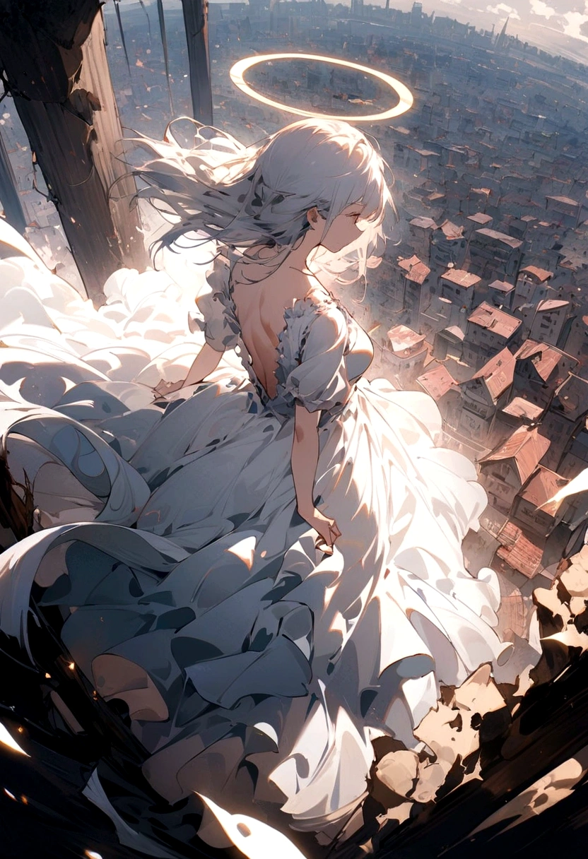 
One (Back view:1.5) A very beautiful female angel\(long golden hair, wide back white dress,(Large beautiful angel wings hanging from her back),Very beautiful shining halo\), With arms wide and gentle, She's on the clouds、Looking down at the world below,, fail, Fighter, Many buildings collapsed, Nature is destroyed, Magnificent and spectacular views\) It's happening under the clouds, ,quality\(8K,非常に精細なCGユニットのwallpaper, masterpiece,High resolution,top-quality,top-quality real texture skin,Surreal,Increase the resolution,ROneW photos,最高quality,Very detailed,wallpaper,Cinema Lighting,Ray-tracing,Golden Ratio\),Dynamic Angle,From above