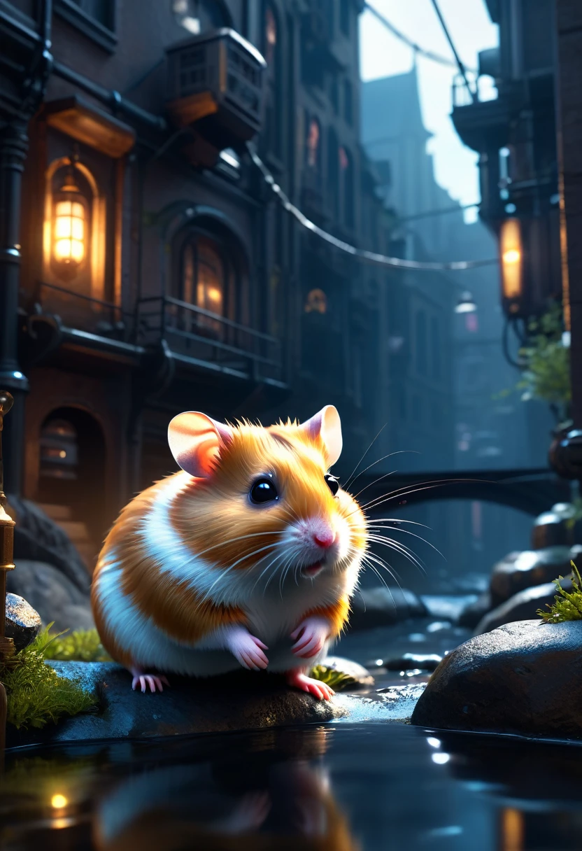 (Future Hamster:1.3), masterpiece, basic quality, realistic, official art, highly detailed content, masterpiece, highest quality, (highly detailed CG integrated 8k wallpaper), (highest quality), (best illustration), (best shadow), highly detailed photograph, (8k, highest quality), abandoned city with a flowing stream, mechanical hamster in the stream, cyberpunk hamster, science, gothic, ultra-realistic, (bright lighting, ambient lighting), chilly, gloomy, magical, with a plain background.
