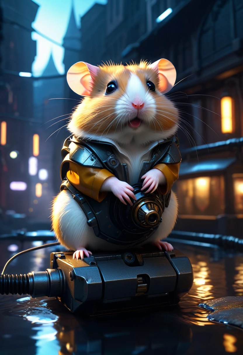 (Future Hamster:1.3), masterpiece, basic quality, realistic, official art, highly detailed content, masterpiece, highest quality, (highly detailed CG integrated 8k wallpaper), (highest quality), (best illustration), (best shadow), highly detailed photograph, (8k, highest quality), abandoned city with a flowing stream, mechanical hamster in the stream, cyberpunk hamster, science, gothic, ultra-realistic, (bright lighting, ambient lighting), chilly, gloomy, magical, with a plain background.