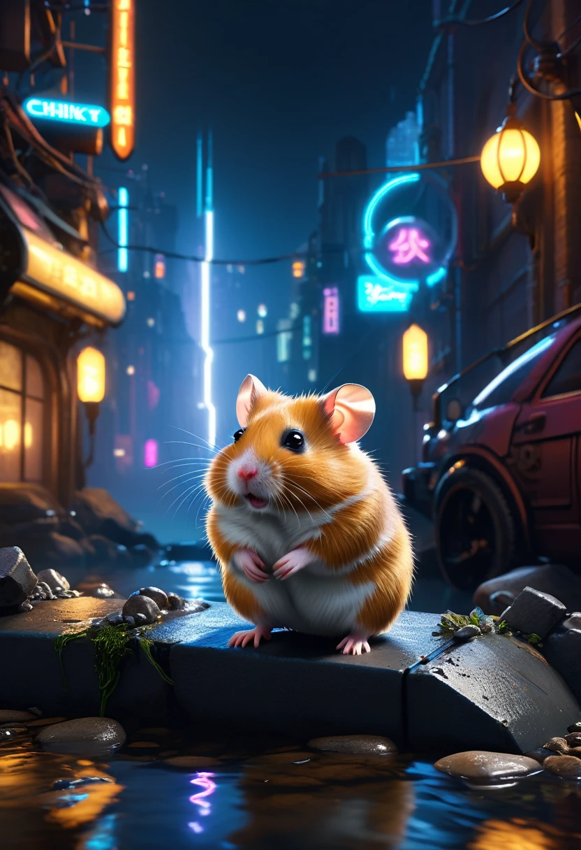 (Future Hamster:1.3), masterpiece, basic quality, realistic, official art, highly detailed content, masterpiece, highest quality, (highly detailed CG integrated 8k wallpaper), (highest quality), (best illustration), (best shadow), highly detailed photograph, (8k, highest quality), abandoned city with a flowing stream, mechanical hamster in the stream, cyberpunk hamster, science, gothic, ultra-realistic, (bright lighting, ambient lighting), chilly, gloomy, magical, with a plain background.