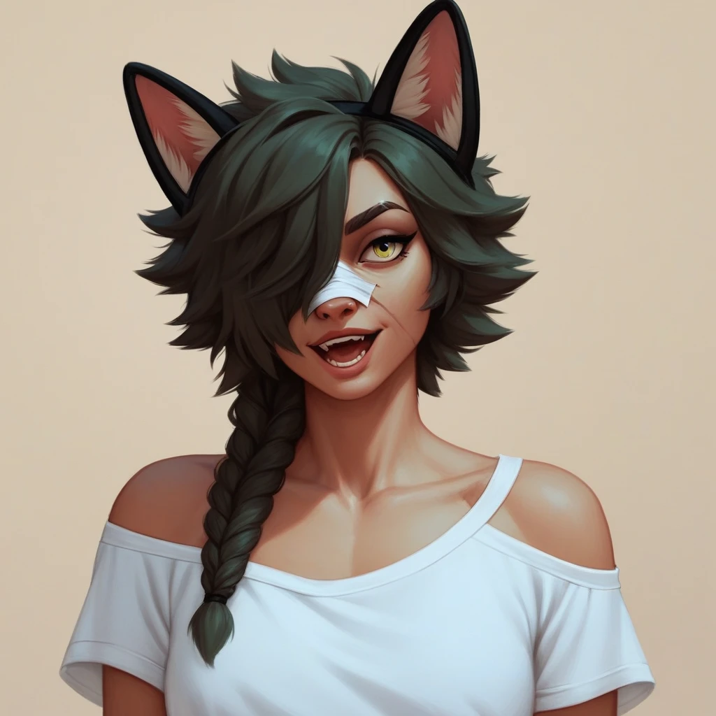 1 girl, Alone, wide, looking at the viewer, black fur, bandage on face, yellow eyes, animal ears, SMILE, bandage on nose, braid, cat ears, bandage, hits, old, fake animal ears, simple background, Open mouth, canine, , bare shoulders, SCAR, teeth, shirt, bare shoulders, white shirt, short sleeves, Closed mouth, t-shirt, hair over one eye, portrait, if, hair over the shoulder, Bermuda,