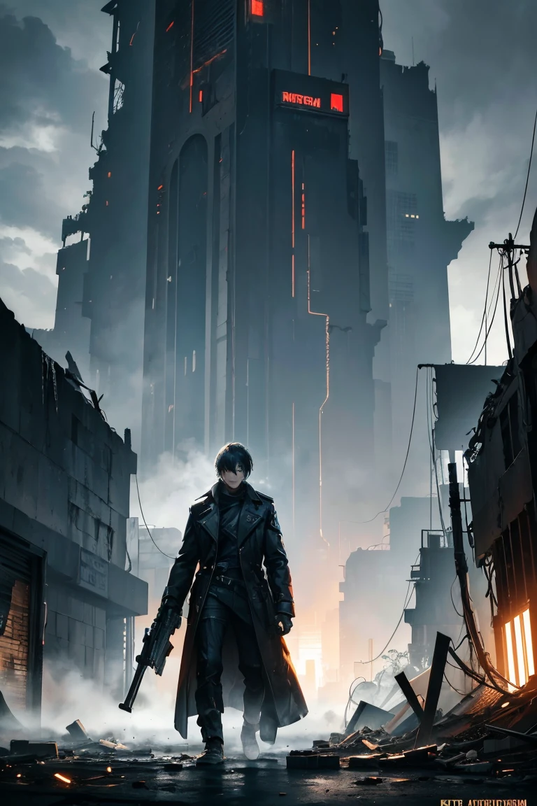 ((((Submersion)))), (((ruins))), Super high quality, 8K, ((Man carrying a rifle)), Attractive man,Glitch Wave Style,Lolafont,Standing in an apocalyptic wilderness, Gunman, Bounty Hunter, Detailed face and jawline, Strong Eyes, Rugged appearance, Wearing a worn trench coat, He owns a vintage revolver, Surrounded by crumbling buildings and ruins, Dust and debris in the air, Stormy sky filled with dark clouds and lightning, Dramatic lighting casts shadows on his face, A sense of mystery and danger in the air, Added cyberpunk elements, Vibrant, saturated colors that enhance the futuristic feel, High-resolution detail capturing every wrinkle and texture of the man's clothing and environment, Create visually striking masterpieces.