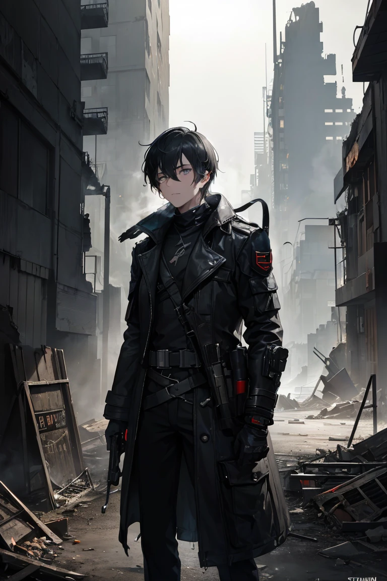 ((((Submersion)))), (((ruins))), Super high quality, 8K, ((Man carrying a rifle)), Attractive man,Glitch Wave Style,Lolafont,Standing in an apocalyptic wilderness, Gunman, Bounty Hunter, Detailed face and jawline, Strong Eyes, Rugged appearance, Wearing a worn trench coat, He owns a vintage revolver, Surrounded by crumbling buildings and ruins, Dust and debris in the air, Stormy sky filled with dark clouds and lightning, Dramatic lighting casts shadows on his face, A sense of mystery and danger in the air, Added cyberpunk elements, Vibrant, saturated colors that enhance the futuristic feel, High-resolution detail capturing every wrinkle and texture of the man's clothing and environment, Create visually striking masterpieces.