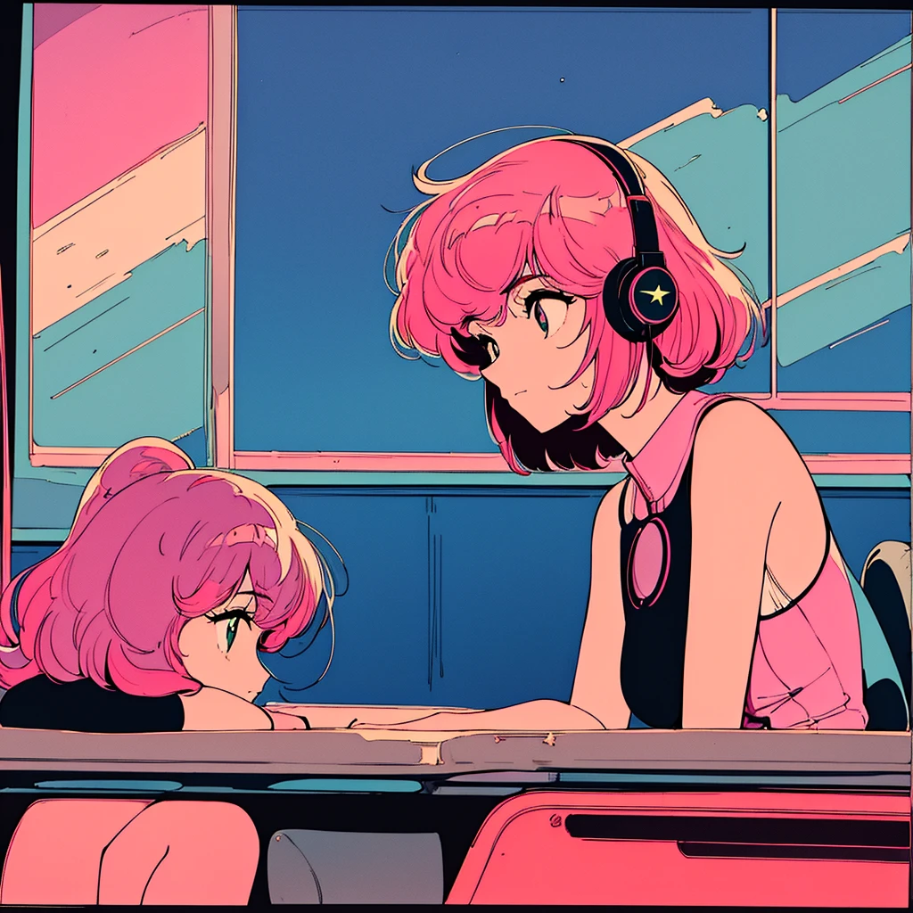 City pop style art, shoulder-length pink hair, fluffy bob cut, Wearing headphones, Futuristic yet lo-fi, Retro, masterpiece, (( Side Shot)), Sit at a desk and concentrate on studying, Laptop and coffee on the desk, (( Midnight )), There are many stars outside the window) (( Look down ))、4k、90s、Saxophone、rain
