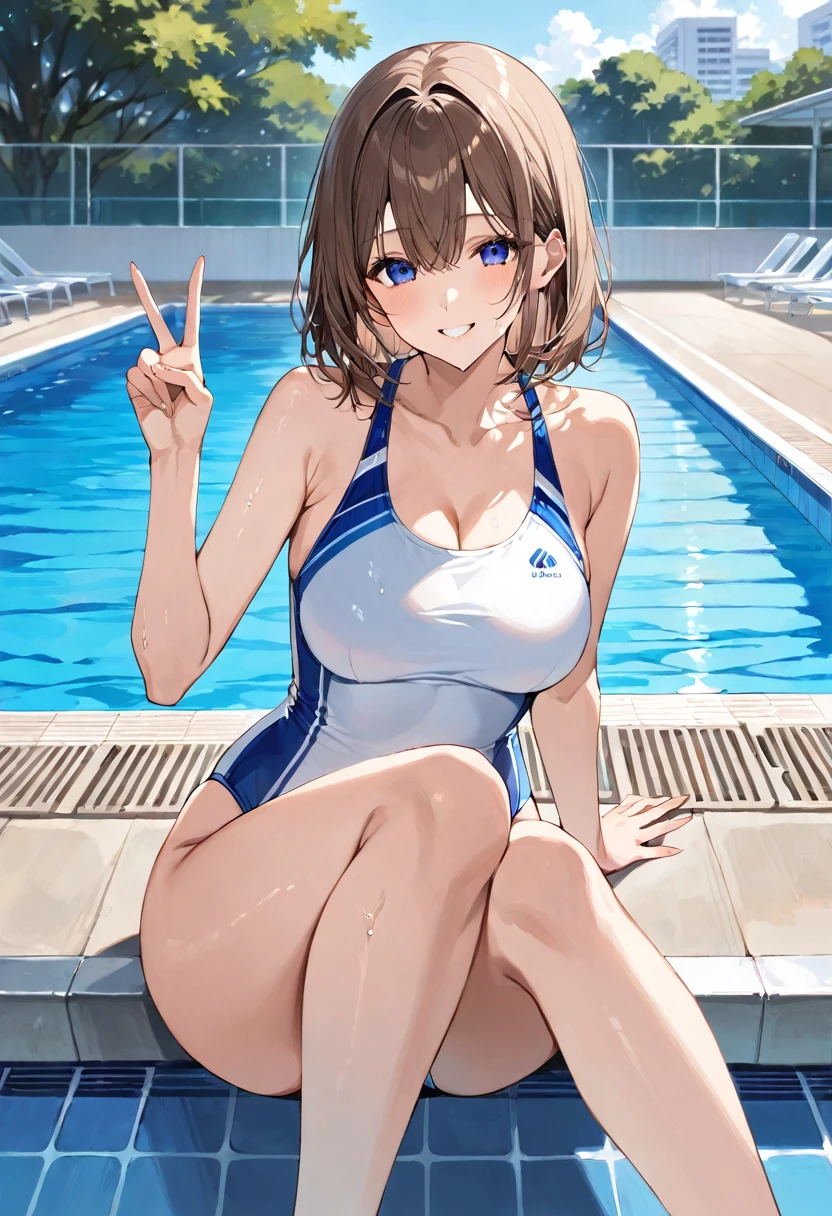 masterpiece, best quality, ultra detailed, beautiful detailed eyes, smile, spoken musical note, sitting by the pool, 20 year old female with medium brown hair, normal sized breasts, wearing a swimming suit that is white in the middle and blue on both sides, she is facing us and making a peace sign with her right hand, in the background are a school pool, a school building, and a tree, the pool is separated by lanes, water is dripping on her thighs.