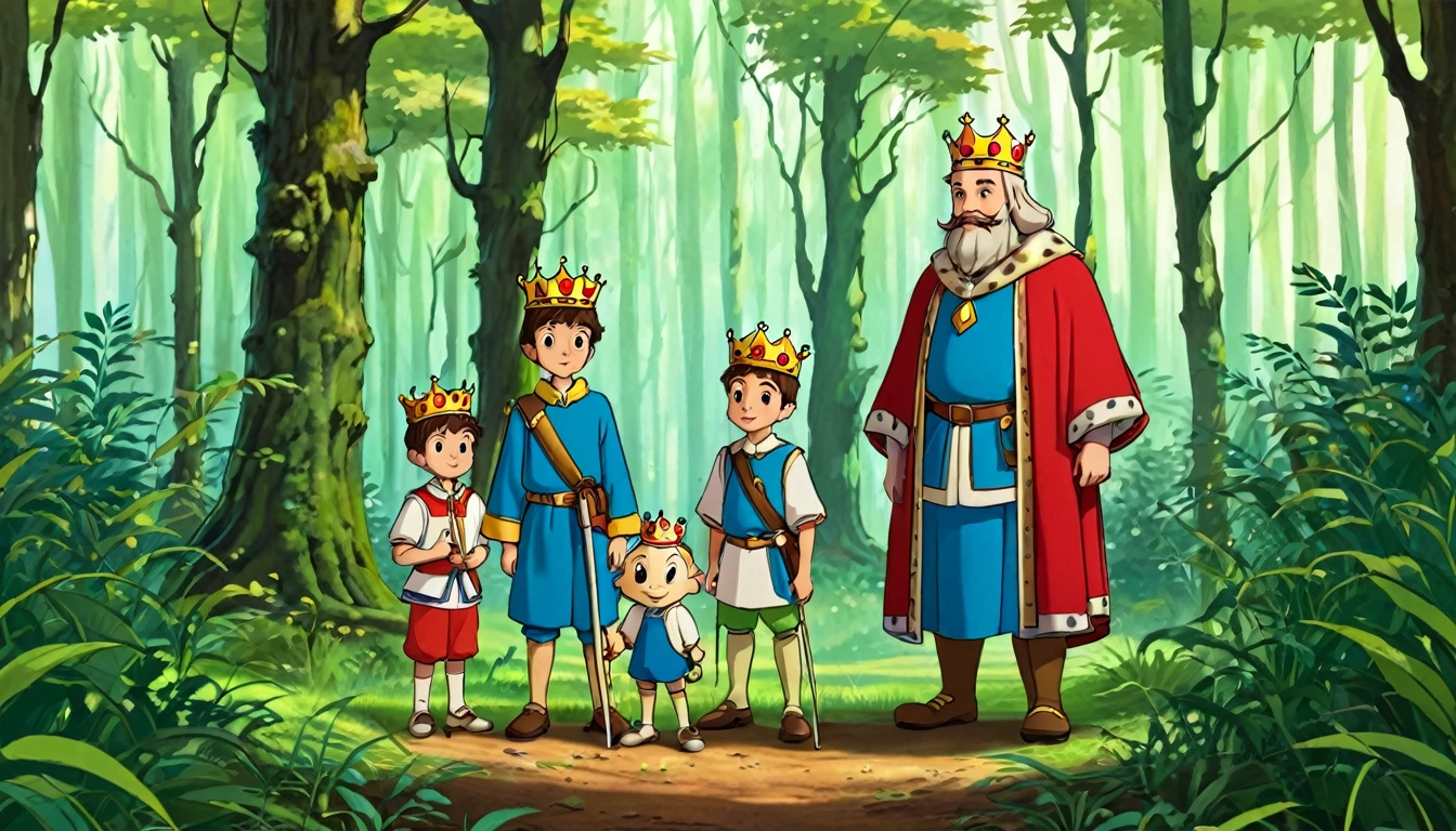 A king and three boys in the forest