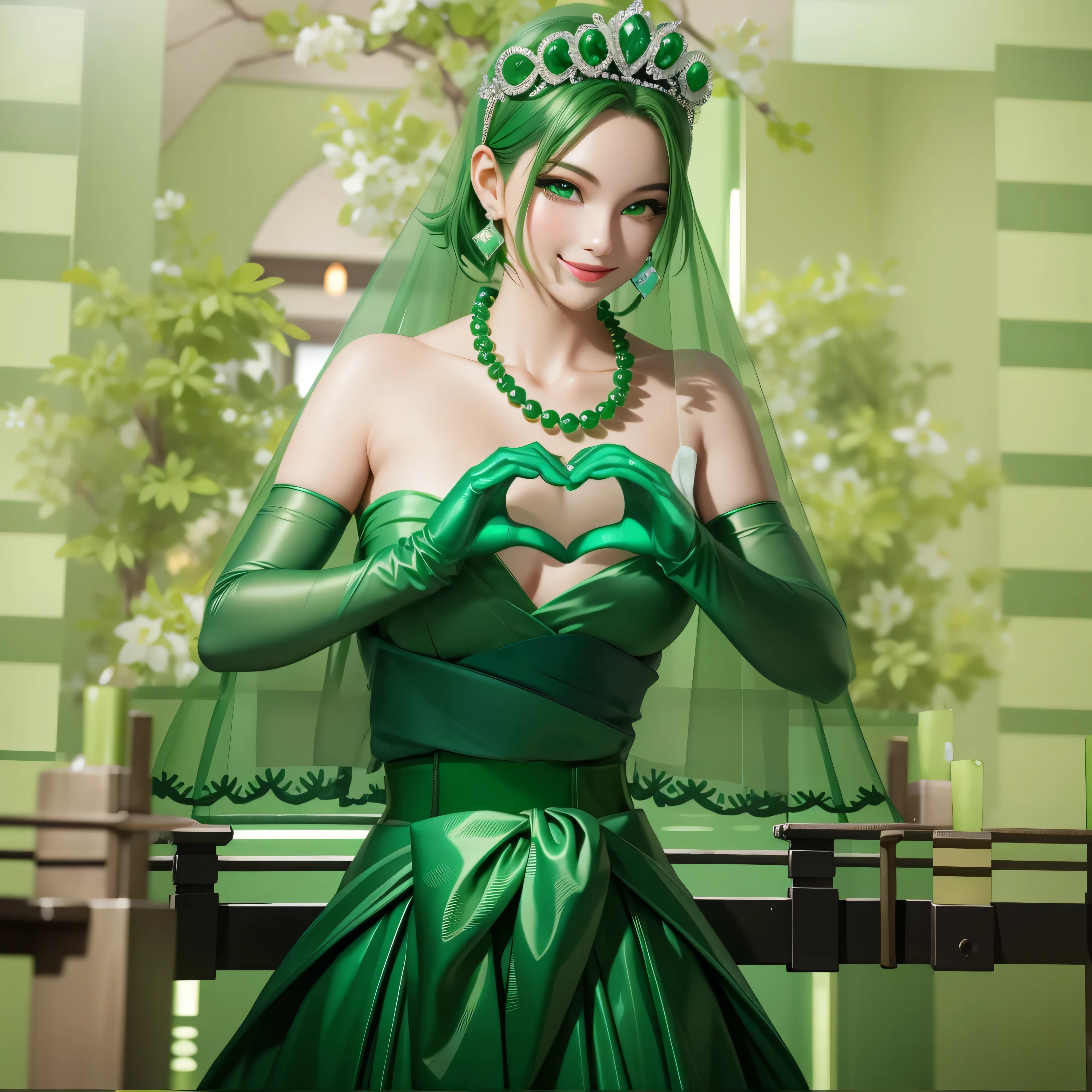 emerald tiara, Green Pearl Necklace, Boyish very short green hair, Green Lips, Smiling Japanese woman, Very short hair, Busty beautiful lady, Green Eyes, Green satin long gloves, Green Eyes, Emerald Earrings, Green veil, Heart with both hands, Heart shaped hands, Green Hair, Beautiful Japanese Women, green lip gloss