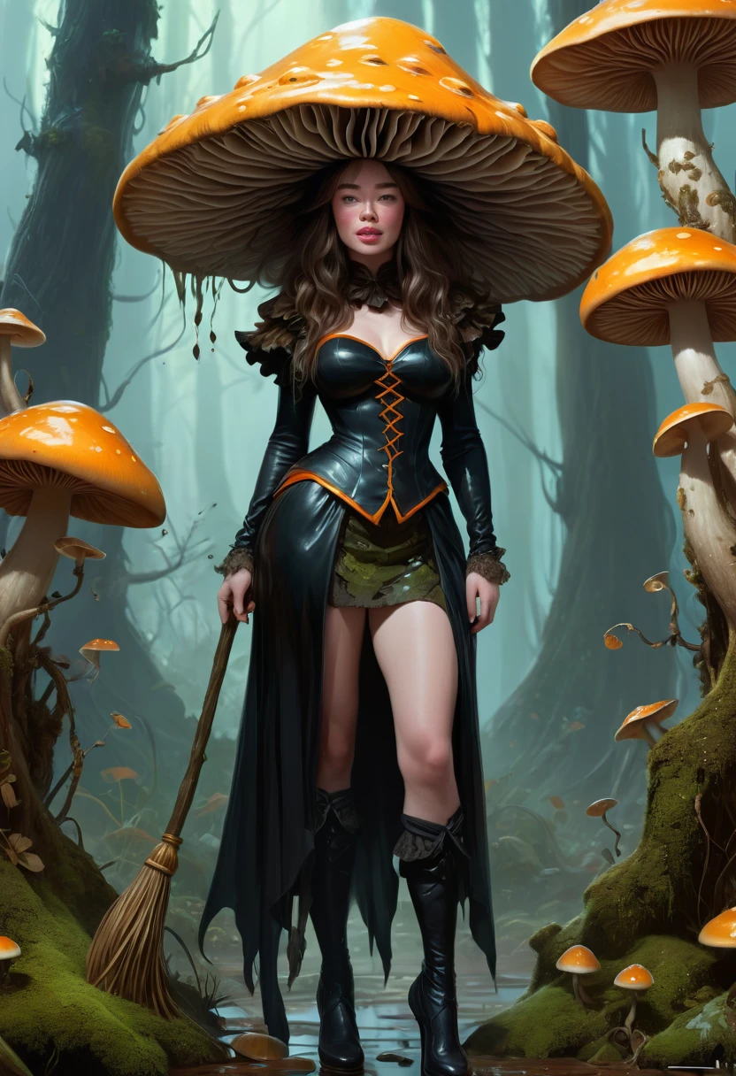 A fungus Witch. Covered head to toe in muchroom like growths. Anna Popplewell. Official Art, Award Winning Digital Painting, Digital Illustration, Extreme Detail, 4k, Ultra Hd, Rococo, Polished, Intricate, Realistic Fantasy Art, Sharp Focus, Concept Art, Art By Wlop, Artgerm, (2d Vector Illustration)

