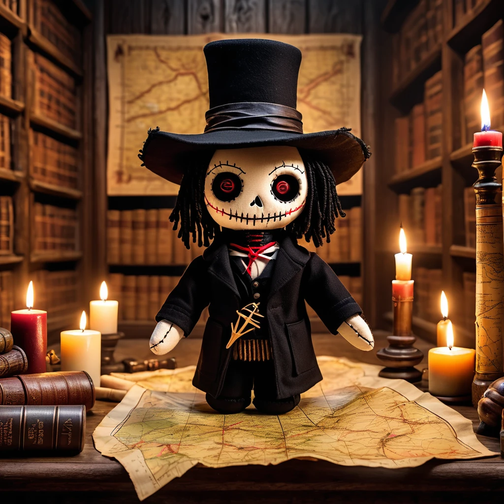 (knitted toy voodoo doll:1.8), (Voodoo Dark Cartographer:1.3), (clothes Long black coat with many pockets, hat with wide brim:1.0), (Ancient map with mysterious symbols, compass with a flickering arrow:1.1) (in the background Abandoned library with ancient maps, lit by dim candles:1.3), best quality, masterpiece, detailed soft oil painting, detailed background, dramatic cinematic lighting, soft edge lighting, professional, dramatic lighting, hard edge lighting, ultra quality, 4k, masterpiece, best quality, 8k, ultra high definition, high resolution, extremely detailed