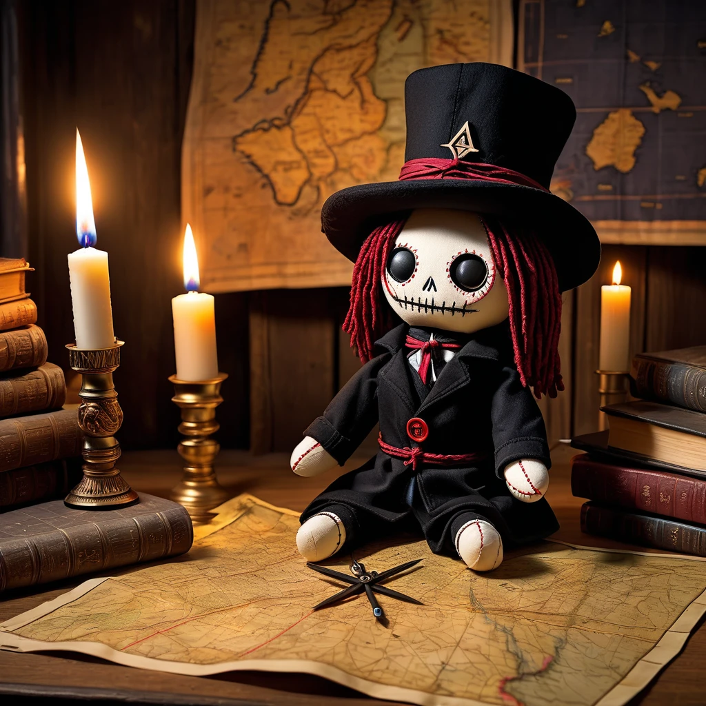 (knitted toy voodoo doll:1.8), (Voodoo Dark Cartographer:1.3), (clothes Long black coat with many pockets, hat with wide brim:1.0), (Ancient map with mysterious symbols, compass with a flickering arrow:1.1) (in the background Abandoned library with ancient maps, lit by dim candles:1.3),  best quality, masterpiece, detailed soft oil painting, detailed background, dramatic cinematic lighting, soft edge lighting, professional, dramatic lighting, hard edge lighting, ultra quality, 4k, masterpiece, best quality, 8k, ultra high definition, high resolution, extremely detailed