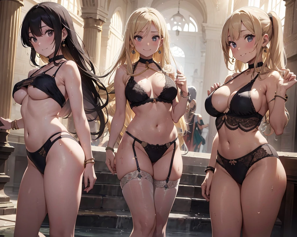 a group of Arab dancers in the middle of a palace, Arab clothes, breasts,sweaty body, wet body, lingerie, blonde hair, smile, belly tattoo, choker, sweaty body, wet body, long hair, navel, bracelet, earrings,