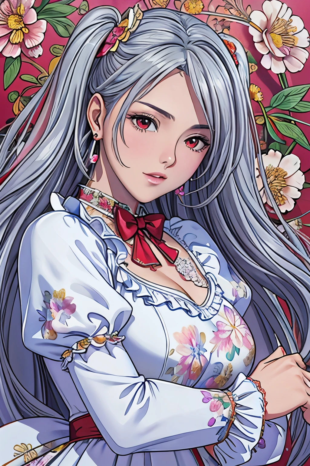 (masterpiece, top-quality, top-quality, Official art, Beautifully Aesthetic:1.2), red eyes, (highest quality, masterpiece painting:1.3), immature woman, 16 years old, (half body shot), masterpiece, ultra high resolution, (((rainbow dress, ornate dress, puffy sleeves, juliet sleeves, (long sleeves:1.2), red bow,))), Decorative panel, abstract art, (shot from a side angle), (Photoreal:1.0), ((light silver hair)),straight hair, beautiful shining hair, pigtails, white and shining skin, Painterly, sketch, Texture, 超A high resolution, solo, Beautuful Women, A highly detailed, (Fractal Art:1.1), (colourfull:1.1), (florals:1.6), The most detailed, (Zentangle:1.2), (Dynamic Poses), (Abstract background:1.3), (shinny skin), (Many colors:0.8), (earrings:1.4), (pluma:0.9), Taisho romance,