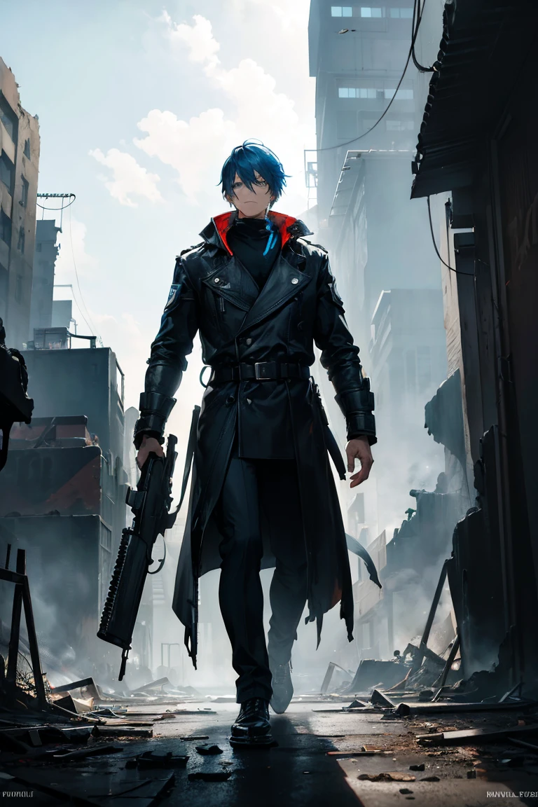 ((((Submersion)))), (((ruins))), Super high quality, 8K, ((Man carrying a rifle)), Attractive man,Glitch Wave Style,Lolafont,Standing in an apocalyptic wilderness, Gunman, Bounty Hunter, Detailed face and jawline, Strong Eyes, Rugged appearance, Wearing a worn trench coat, He owns a vintage revolver, Surrounded by crumbling buildings and ruins, Dust and debris in the air, blue sky, Dramatic lighting casts shadows on his face, A sense of mystery and danger in the air, Added cyberpunk elements, Vibrant, saturated colors that enhance the futuristic feel, High-resolution detail capturing every wrinkle and texture of the man&#39;s clothing and environment, Create visually striking masterpieces.