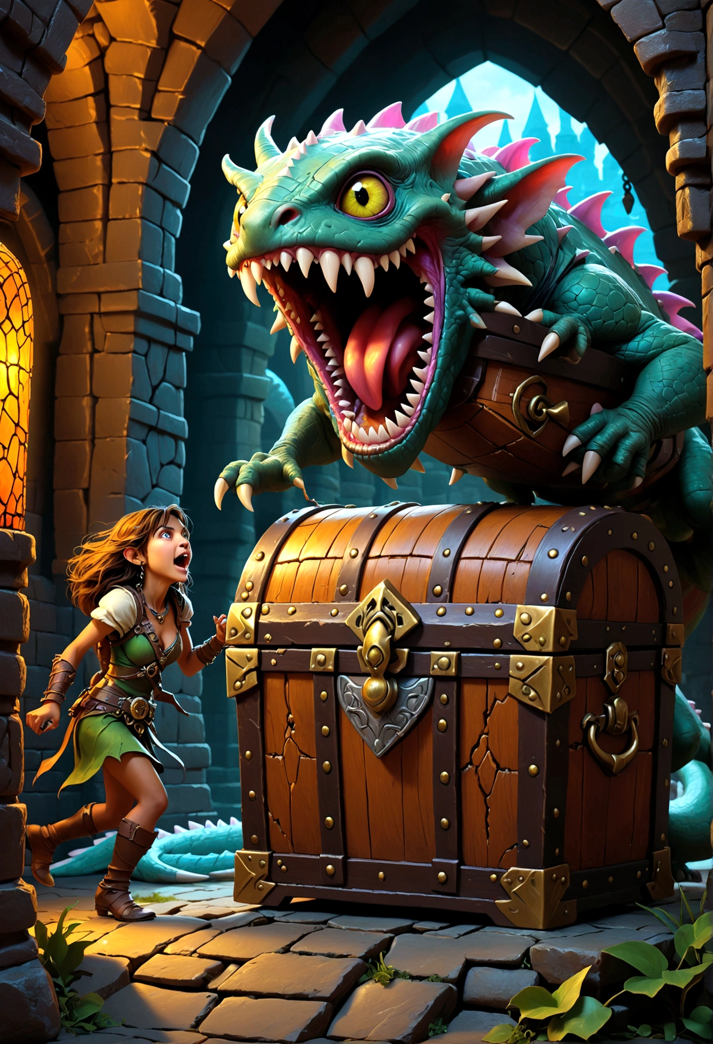 A treasure  mimic opening its toothy maw, chasing a cute halfling thief woman, high fantasy dungeon, detailed fantasy creature, intricate architectural elements, dramatic lighting, fantasy art, cinematic composition, vibrant colors
