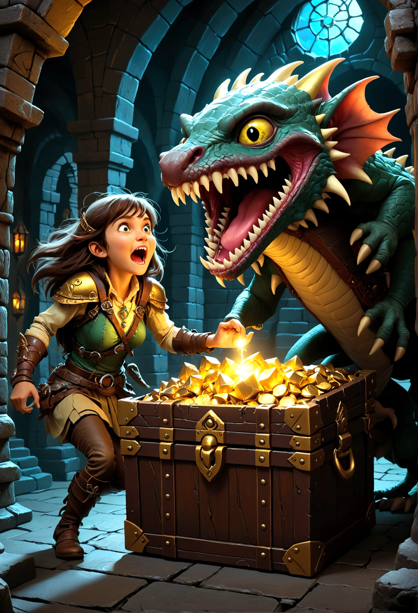 A treasure chest mimic opening its toothy maw, chasing a cute halfling thief woman, high fantasy dungeon, detailed fantasy creature, intricate architectural elements, dramatic lighting, fantasy art, cinematic composition, vibrant colors
