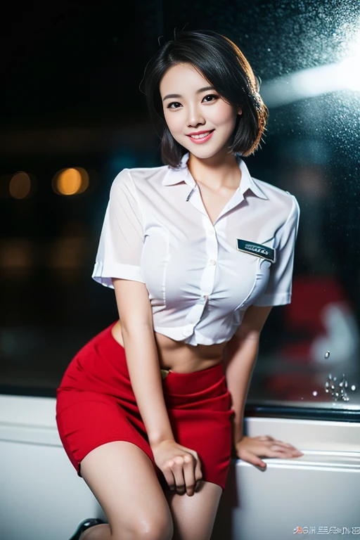 (a gorgeous lady, age 21, Flight Attendant uniform, Shenzhen Airlines Stewardess, wet white shirt, wet red mini-skirt, kneeling in a steamy bathroom, dimpled smile, short ponytai hair, short bob hair, cute snaggleteeth, well-endowed round bosom, long flawless legs, photorealistic, beautiful detailed eyes, beautiful detailed face, hyper-realism, high contrast, ultra HD, realistic skin textures, top image quality, top-quality, super high resolution, fine details, very meticulously, close-up shot, head to thigh, romantic night, dark bokeh background)