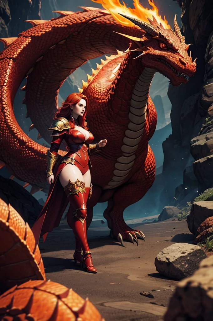 Curvy girl with fiery red hair and scales, wearing a dragon-scale armor and thigh-high stockings, standing in front of a massive dragon in a volcanic lair, surrounded by treasure and smoke, fierce atmosphere, 3D render, photorealistic.