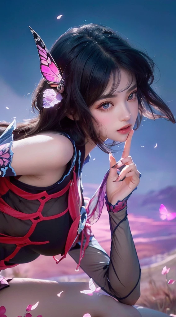 a close up of a woman with a butterfly on her head, beautiful detailed eyes, beautiful detailed lips, extremely detailed face, long eyelashes, elegant woman, butterfly perched on head, intricate butterfly details, ethereal, dreamy, magical realism, vibrant colors, cinematic lighting, dramatic shadows, high contrast, photorealistic, 8k, best quality, masterpiece