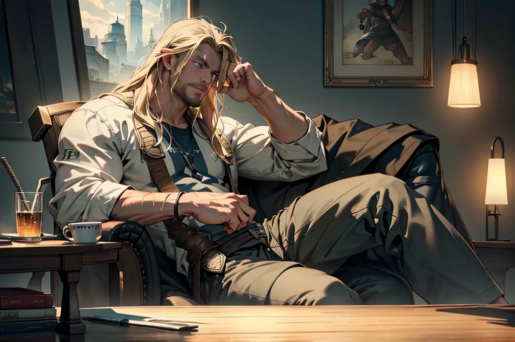 16 k,  and cinematic style portraying Thor in a humorous and relaxed way. Depict Thor sitting in an armchair with spreadlegs, visibly relaxed and with an expression of fun on his face, as if he were slightly intoxicated. Place the hammer Mjölnir on a table next to him.