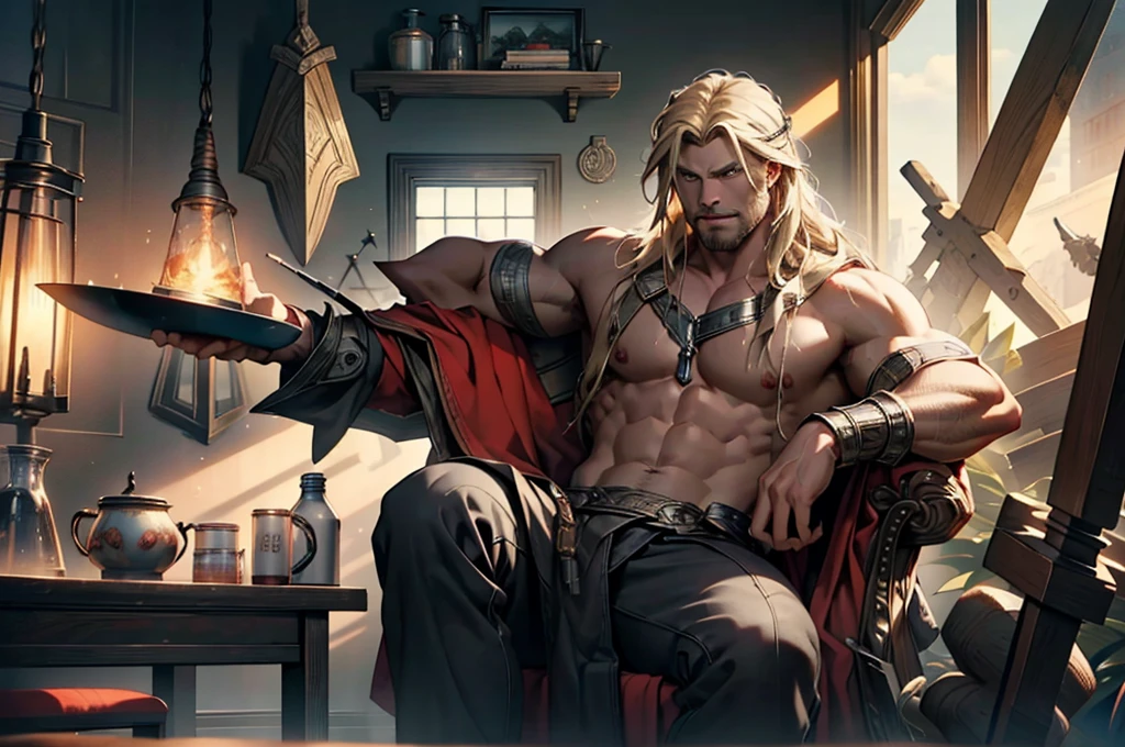 16 k,  and cinematic style portraying Thor in a humorous and relaxed way. Depict Thor sitting in an armchair with spreadlegs, visibly relaxed and with an expression of fun on his face, as if he were slightly intoxicated. Place the hammer Mjölnir on a table next to him.