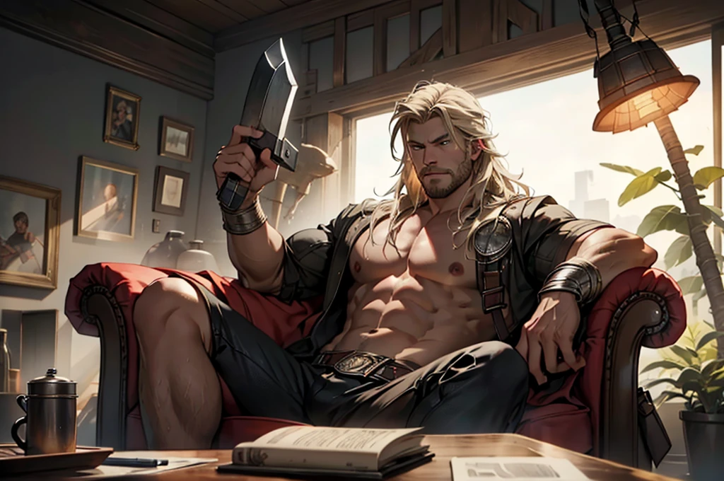 16 k,  and cinematic style portraying Thor in a humorous and relaxed way. Depict Thor sitting in an armchair with spreadlegs, visibly relaxed and with an expression of fun on his face, as if he were slightly intoxicated. Place the hammer Mjölnir on a table next to him.