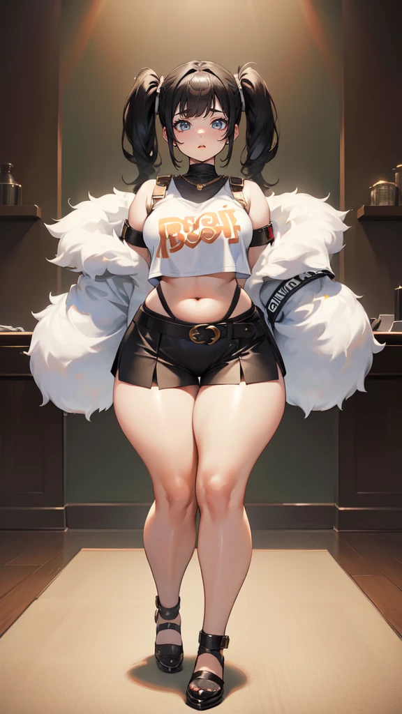 blank background, (((full body))), (masterpiece), ((best quality)), (very short girl), flat chest, short twintail, (wide hips:1.4), (thick thighs:1.4), (very short skirt), toeless footwear, belt below navel, fanny packs, bags