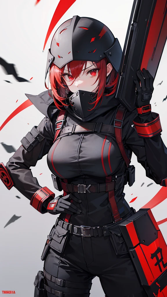 
Female, black and red hair, Red eyes, Old Glove, 160 cm, 18 years, black and Red Militia Armor, Turtle's Rusty bracelet, black hood, black M1 Military Helmet, Riot Shield, Tomboy, beautiful, short hair, cool, Big boob