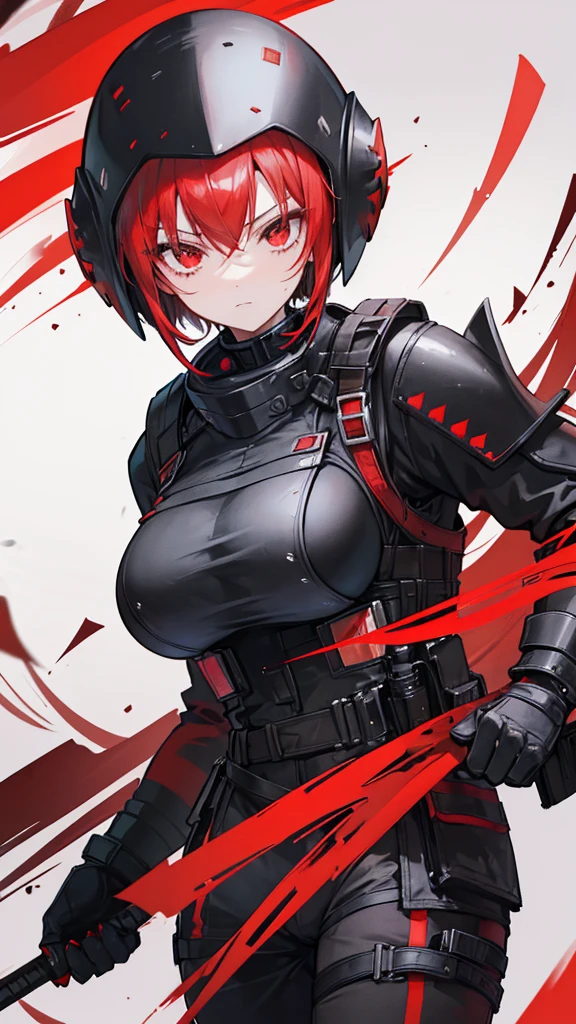 
Female, black and red hair, Red eyes, Old Glove, 160 cm, 18 years, black and Red Militia Armor, Turtle's Rusty bracelet, black hood, black M1 Military Helmet, Riot Shield, Tomboy, beautiful, short hair, cool, Big boob