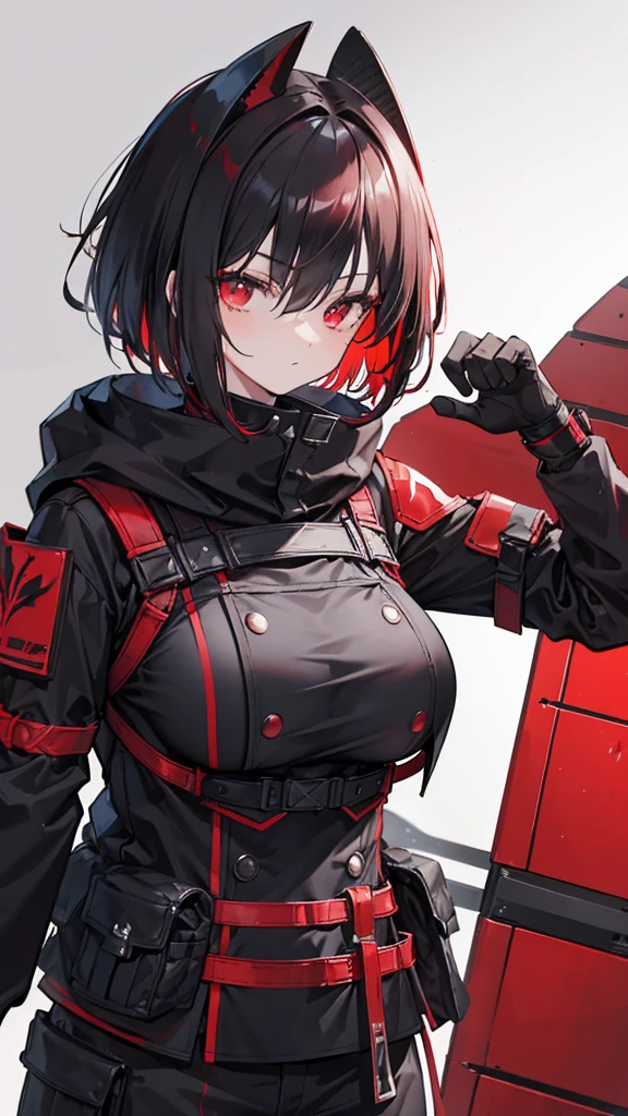 Female, black and red hair, Red eyes, Old Glove, 160 cm, 18 years, black and Red Militia Armor, Turtle's Rusty bracelet, black hood, black M1 Military Helmet, Riot Shield, Tomboy, beautiful, short hair, cool, Big boob