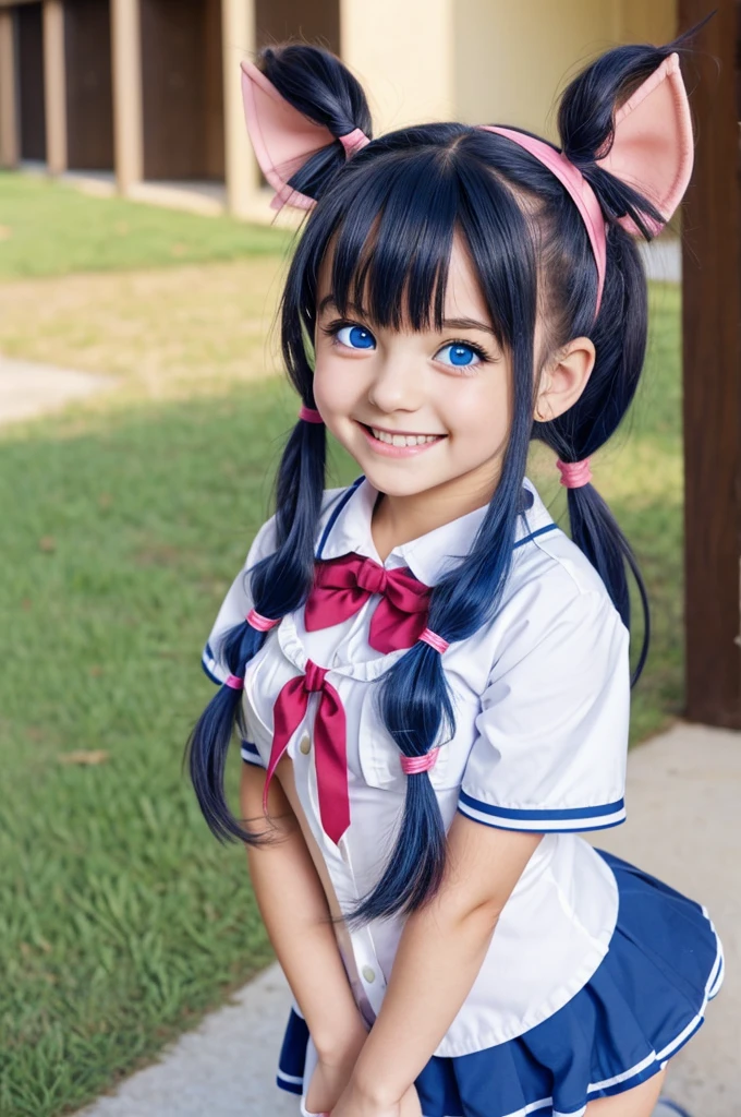 anime girl My hero academy blue eyes smiling with two pigtails and a small horn on her head