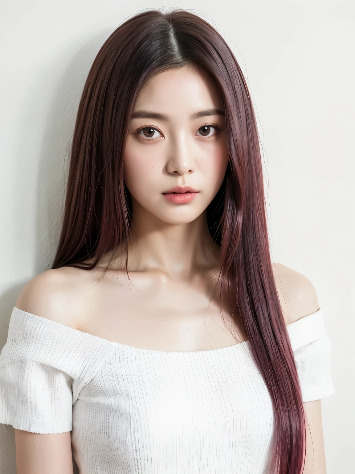 Stylish short sleeve top、Silky Hair、30-year-old woman(背景にWhite wall、Straight hair:1.4)、White wall、In front of the white door、(窓のあるWhite wallの部屋)、Her hair color is dark pink.、Hair color is dark red、dark pink hair color、Dark pink hair、((Highest quality、8K、masterpiece:1.3))、Ultra-high resolution、(photoGenuineistic:1.4)、RAW Photos、Japanese,(detailed aspects)、Genuine、Photographed in natural light、Highly detailed face and skin texture、Highly detailed lips、The correct state of the human body、Medium Hair、Mr..々Pause、Natural color lip、Shiny Hair、Don'Don'Don't look at the camera、profile