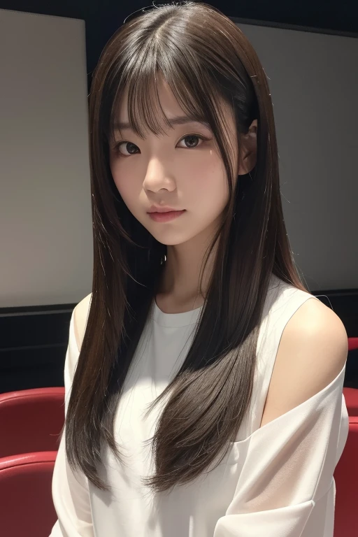 (8K, RAW Photos, Highest quality, masterpiece:1.2), inn, One girl, 3d, Asian, 前hair, just_Shoulder S, good, brown_eye, Black_hair, chestの谷間, gray_background, lips, length_hair, length_sleeve, Looking_in_Audience, Moderate_chest, Realistic, shirt, 一人in, white_shirt,Shiny skin, beautiful delicine face, beautiful delicine eye ,(Realistic, photo Realistic:1),Taking a selfie