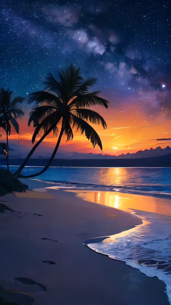 Tropical Sea,night,Beautiful starry sky,milky way,Palm tree,Glitter effect,Highest quality, 8K, High resolution, masterpiece:1.2, Very detailed, Realistic:1.37, High resolution, 超High resolution, Ultra-fine painting, Professional, Vibrant colors