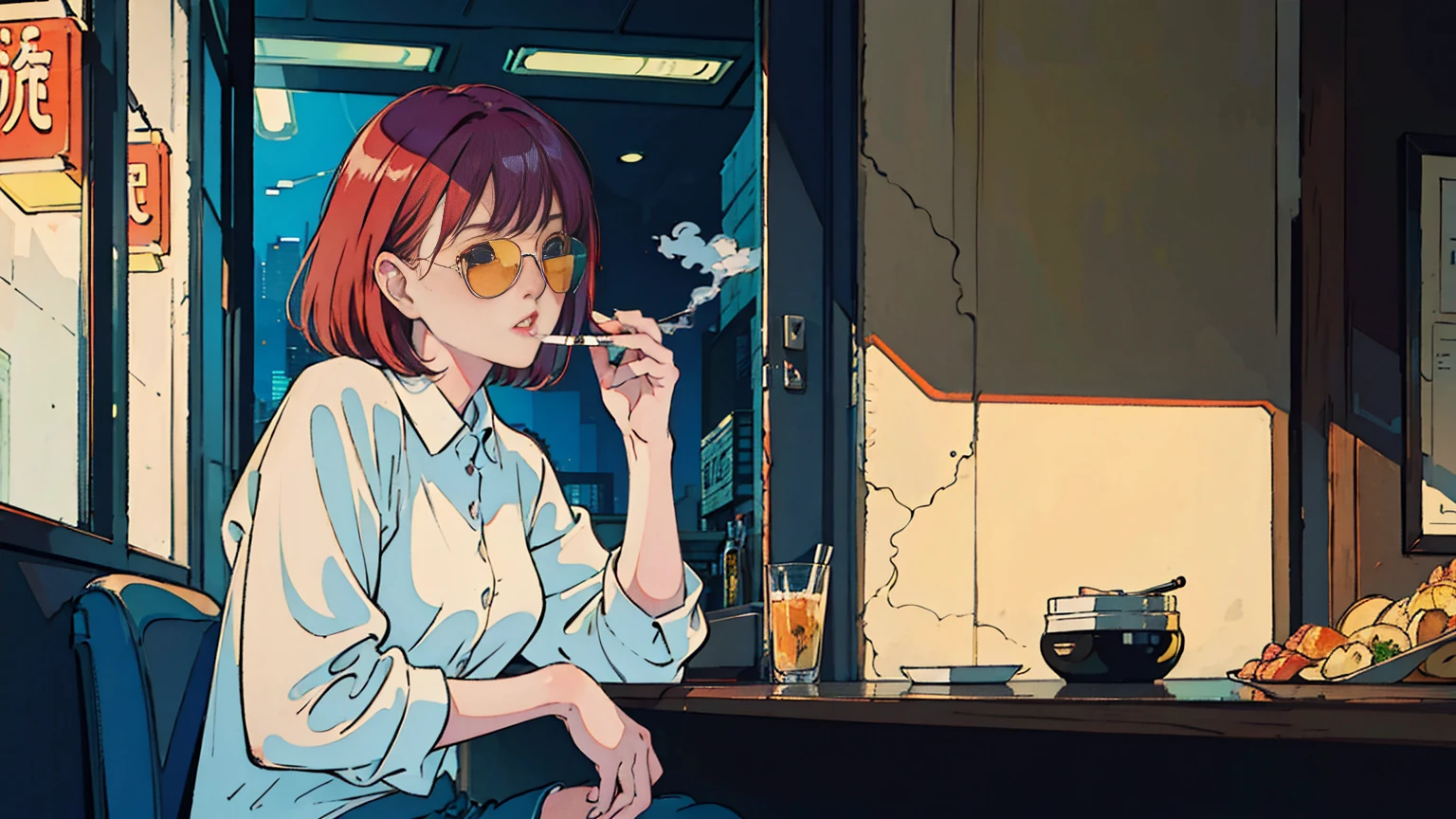 Beautiful redhead Asian girl sitting in a diner at night, Visible from the window, Perfect Face, sunglasses, Smoking white Taylormade cigarettes, Neon Black, (Backlight: 1.1), Hard Shadows, masterpiece, Highest quality, complicated, Model shooting style, Vintage, Film Grain, Incomplete Detail Drive,City Pop,cassette tape,record、high resolution、Saxophone