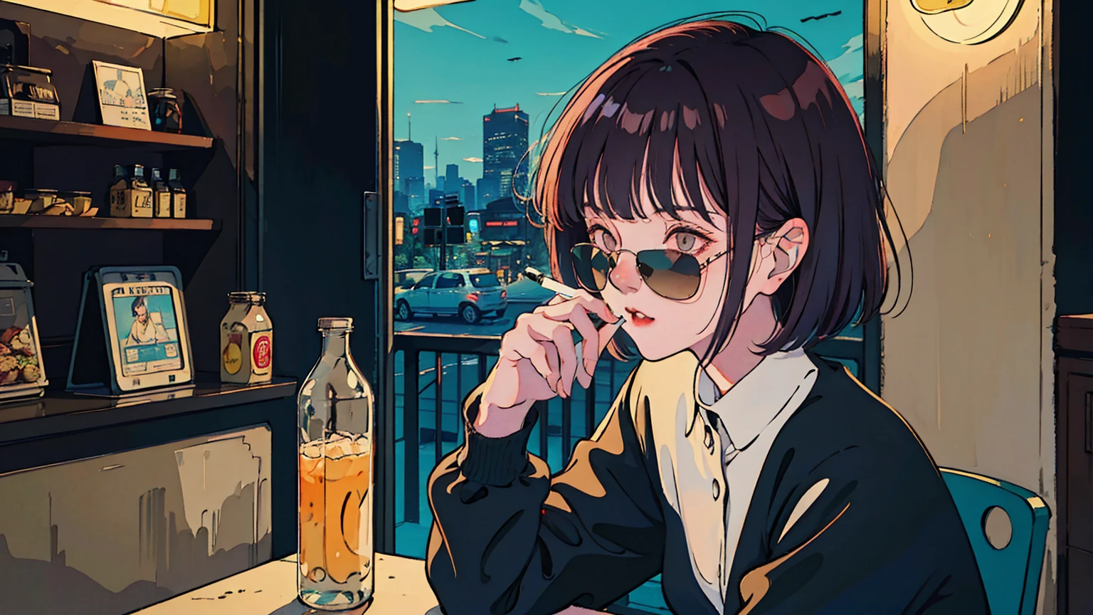 Beautiful redhead Asian girl sitting in a diner at night, Visible from the window, Perfect Face, sunglasses, Smoking white Taylormade cigarettes, Neon Black, (Backlight: 1.1), Hard Shadows, masterpiece, Highest quality, complicated, Model shooting style, Vintage, Film Grain, Incomplete Detail Drive,City Pop,cassette tape,record、high resolution、Saxophone