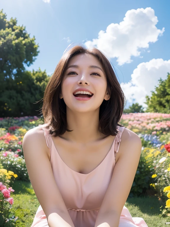 (((8K、High resolution、Highest quality、High resolution)))、alone、Glamorous figure、White skin、Natural Makeup、Photograph the whole body、Sitting、Look up at the sky, (((blush, open mouth,smile)))、Shooting from below、Semi-long layer cut, (Crimson casual dress), In the flower field