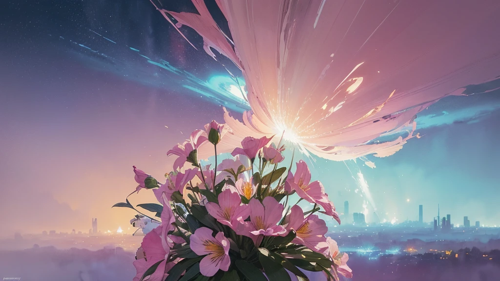32k, Masterpiece, Highest quality, One girl, Detailed eyes, flower,Alstroemeria, Pink and light blue style,A dreamy, romantic piece,Pale yellow, Mysterious Leaves,A playful arrangement,Fantasy,High Contrast,Ink strokes,explosion,Exposure, Impression of pink and light blue tones,Abstract,((Watercolours by John Berkey and Jeremy Mann )) Brush strokes,Negative Space, Tyndall effect,