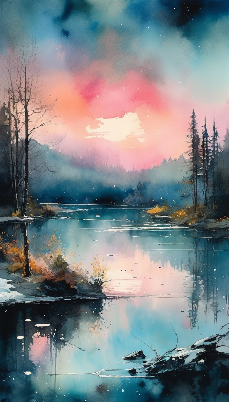 Morning watercolor, Highland Lake, Magical fairy tale, Shining in the neon light, Deep space sky, style (Jeremy Mann, Louis Icart, Valentin Serov, makoto kobayashi, Karol Buck)