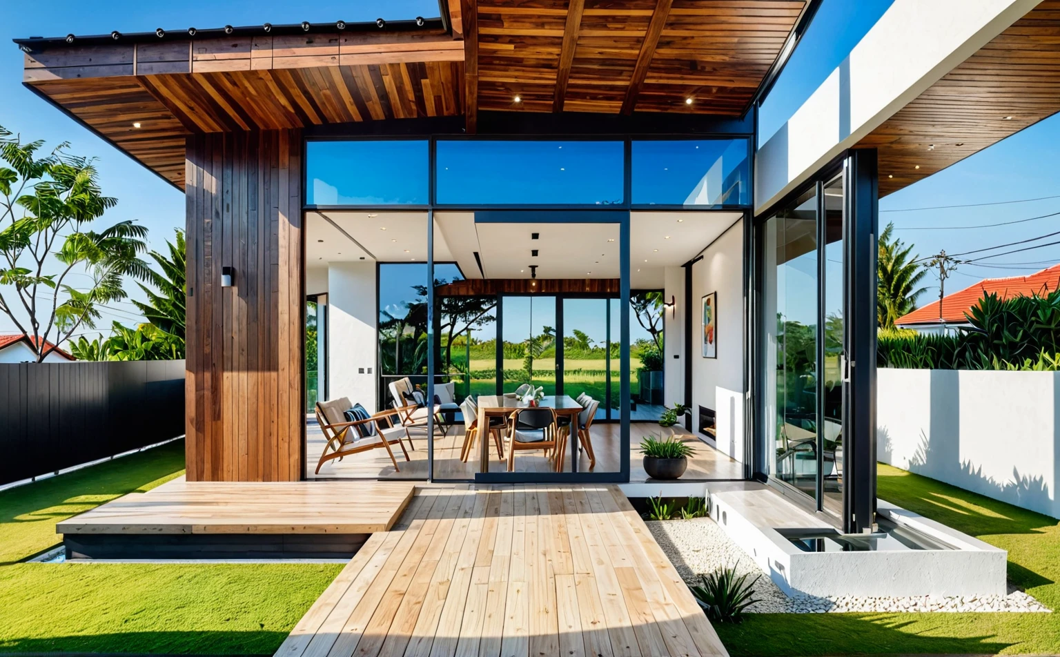 Raw photo, Masterpiece, high quality, best quality, authentic, super detail,
outdoors, house style modern, white wall, glass windows, wooden ceiling, balcony, minimalist line
grass, trees, blue sky, (Early morning day:1.1), vivid color,