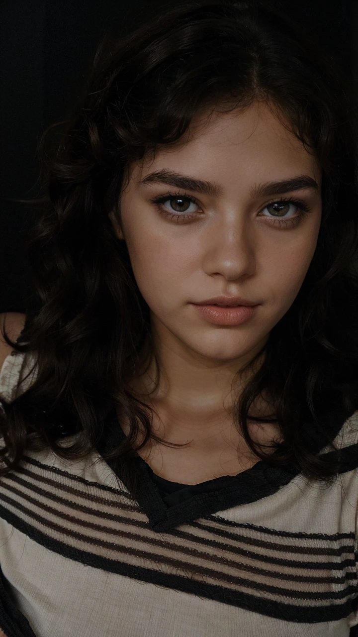 girl with very fluffy curly hair below her shoulders, test brunette brown eyes, full lips medium eyebrows