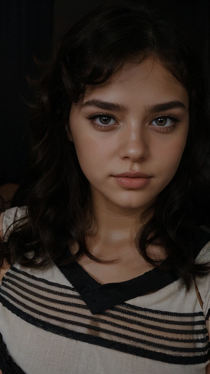 girl with very fluffy curly hair below her shoulders, test brunette brown eyes, full lips medium eyebrows