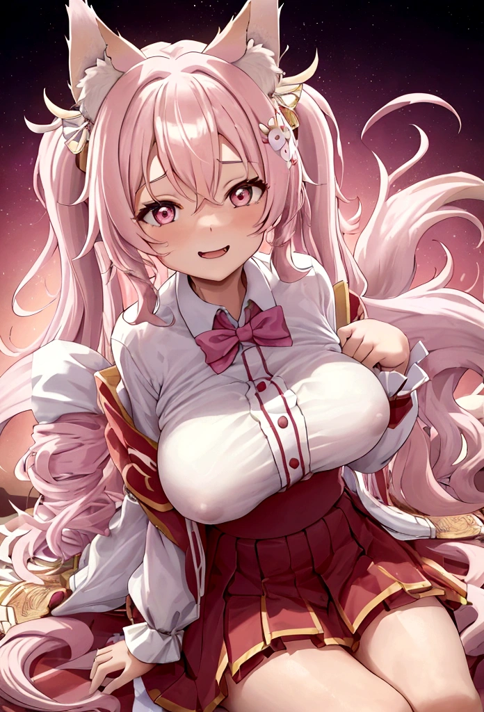  girl with wavy hair, long and white, He has fox ears and nine Kitsune tails, He has light pink slanted eyes and has a cheerful expression., she has big breasts, She is wearing a high  and is sitting on top of a table., there is a background of a school room