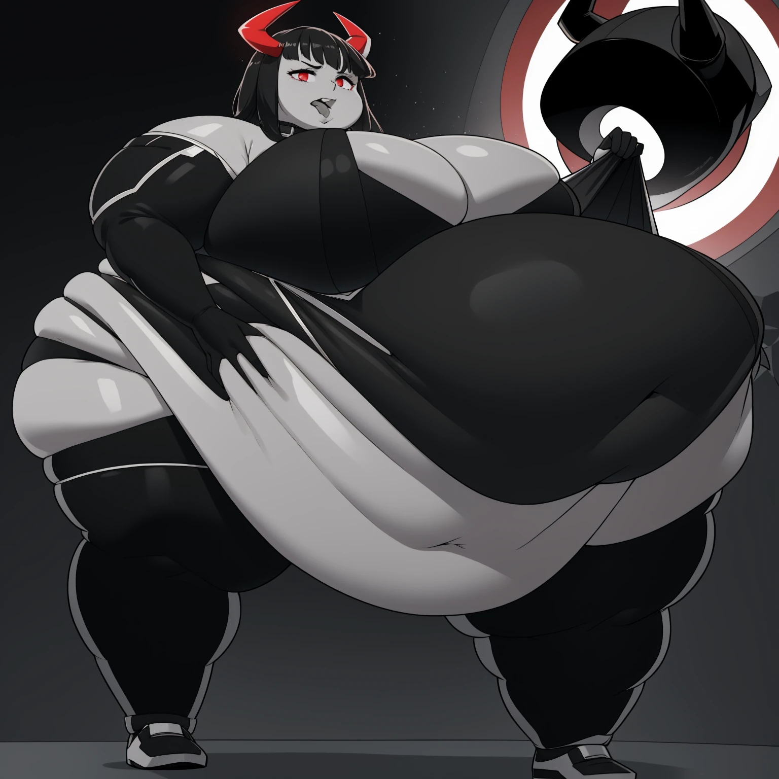 Hands on hips, chest out(Full body:1.1), (obese:1.1), Open mouth, parted lips, Black tongue, long snake tounge, Tongue, sticking tongue out , NSFW, exposed nipples, dark nipples, evil eyes, Black hair, dark skin, glowing red eyes, Red eyes, 1girl, solo, horns, monochrome, greyscale, giant breasts, abnormally huge breasts, humongous breasts,phalia,underwear, elbow gloves, thighhighs, huge breasts Round face, double chin, fat chin, fat cheeks, fat neck, round face, SSBBW, flabby arms, round face, double chin, fat double chin, big double chin, fat neck, chubby cheeks, fat thighs, fat calves, morbidly obese, flabby , giant , large belly, obese, fat face, belly, double chin, obesity, flabby breasts, fat arms and legs, fat everything,