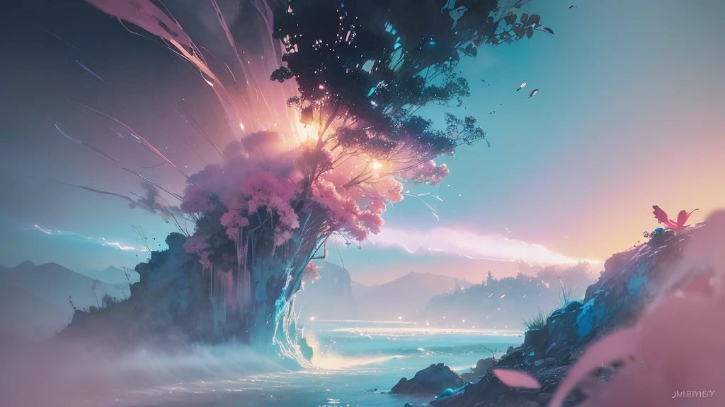32k, Masterpiece, Highest quality, One girl, Detailed eyes, flower,Alstroemeria, Pink and light blue style,A dreamy, romantic piece,Pale yellow, Mysterious Leaves,A playful arrangement,Fantasy,High Contrast,Ink strokes,explosion,Exposure, Impression of pink and light blue tones,Abstract,((Watercolours by John Berkey and Jeremy Mann )) Brush strokes,Negative Space, Tyndall effect,
