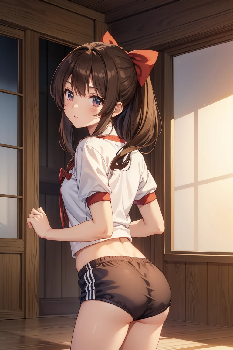 Reimu Hakurei, (Brown eyes:1.5), Brown Hair, bow, hair bow, Hair Tube, Long Hair, red bow, Side Lock, (((Slender body)))、(Navy blue cuffs and white short-sleeved gym uniform)、(Navy Blue Bloomers)、(
barefoot)、Navy blue socks、sports boots、Ground、Schoolyard、On all fours、(((Backwards、look back)))、View your viewers,blush、
Cowboy Shot,Smile Break (masterpiece:1.2), Highest quality, High resolution, unity 8k wallpaper, (figure:0.8), (Beautiful attention to detail), Highly detailed face, Perfect lighting, Highly detailed CG, (Perfect hands, Perfect Anatomy)